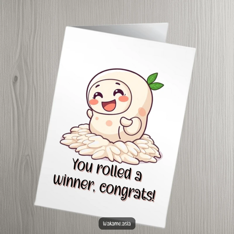 Free Printable Congratulations Card: A happy spring roll character wiggles joyfully across a slick rice background.
