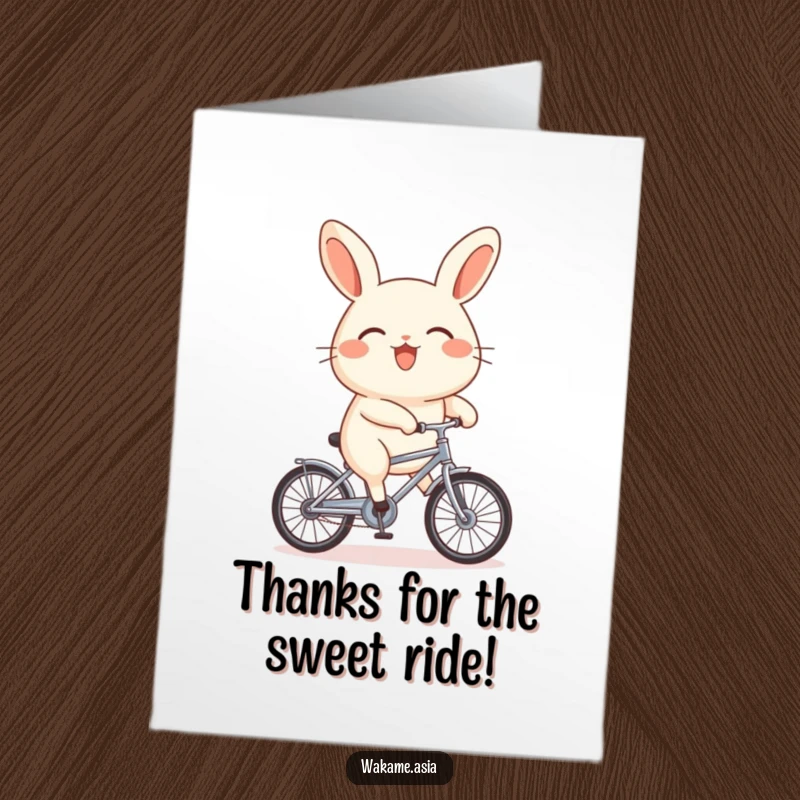 Funny Free Printable Thank You Card: a cute bao bun rides a small bicycle, offering a comical expression of thanks.
