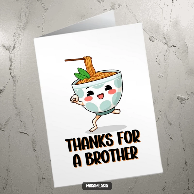 Funny Free Printable Thank You Card: A ramen bowl character with legs mid-kick, delivering a humorous thank you message.