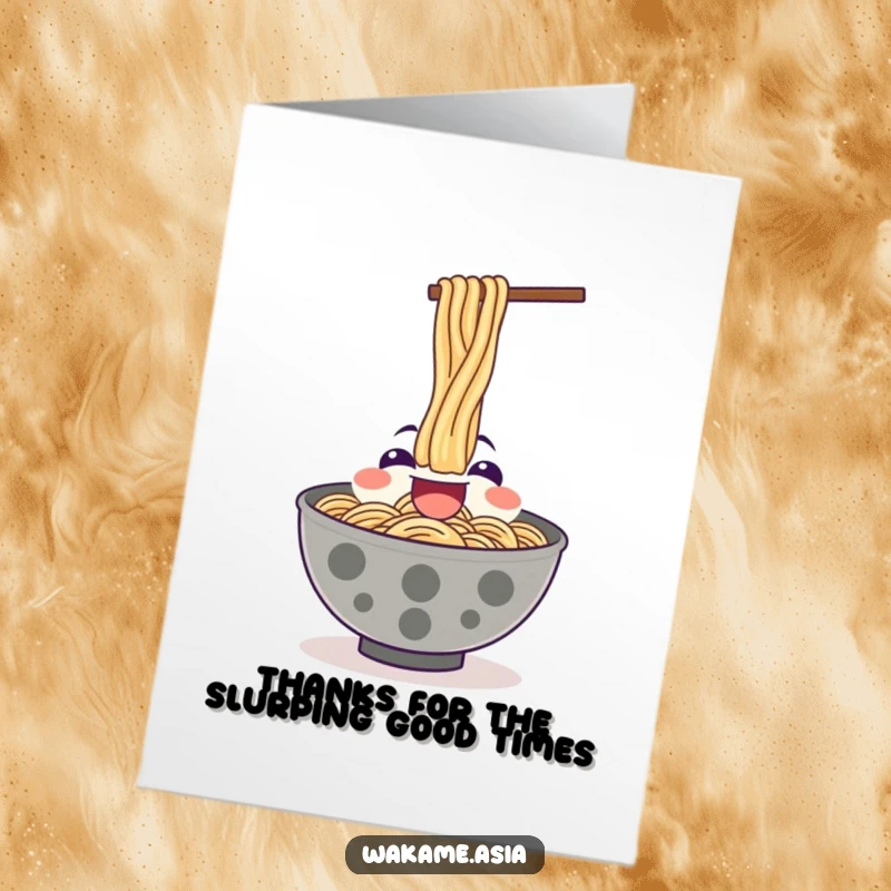 Funny Free Printable Thank You Card: A happy Ramen bowl character slurps noodles upwards with enthusiasm, showing gratitude.
