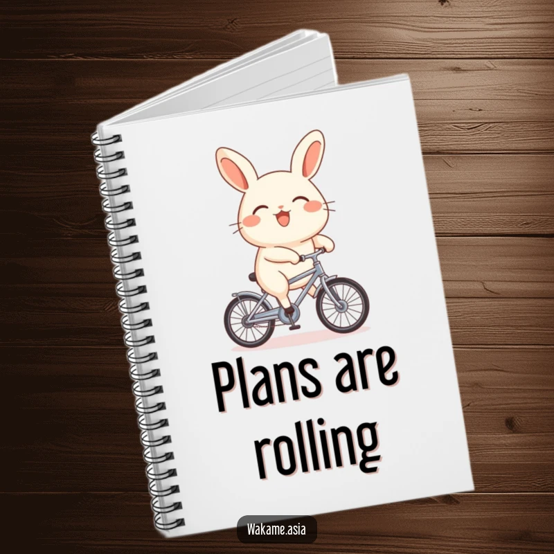 Funny bao bun character riding a tiny bicycle on a notebook cover, designed to inspire creativity and smiles.