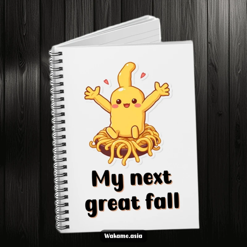 Funny tempura character mid-slide down a noodle slide on a notebook cover, designed to spark joy and creativity.