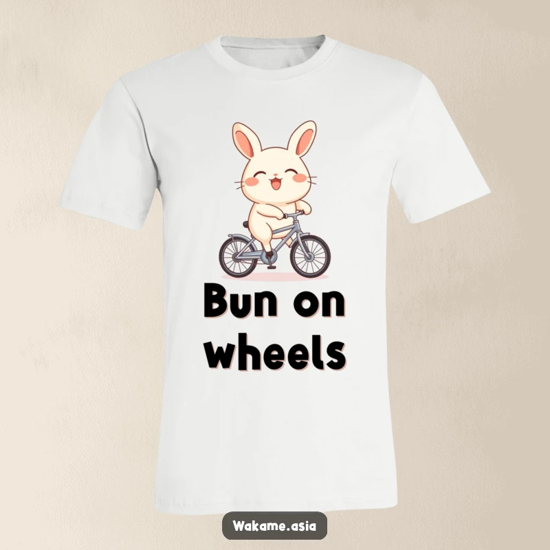 Funny bao bun character in a t-shirt, pedaling a tiny bicycle with stubby legs, looking determined and cute.