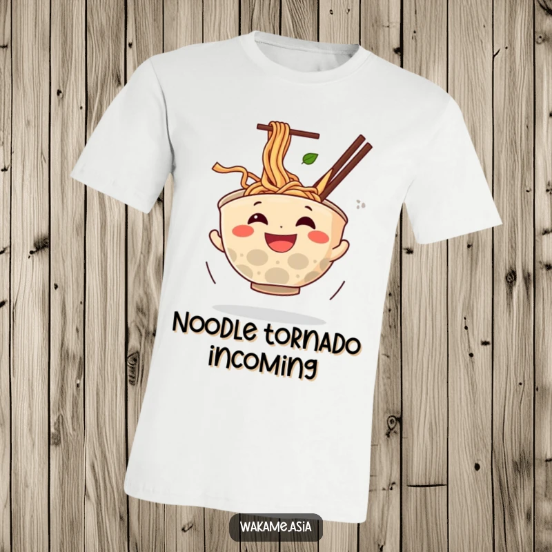 Funny t-shirt depicting a happy anthropomorphic ramen bowl spinning energetically with noodles flying, a humorous and dynamic food character.