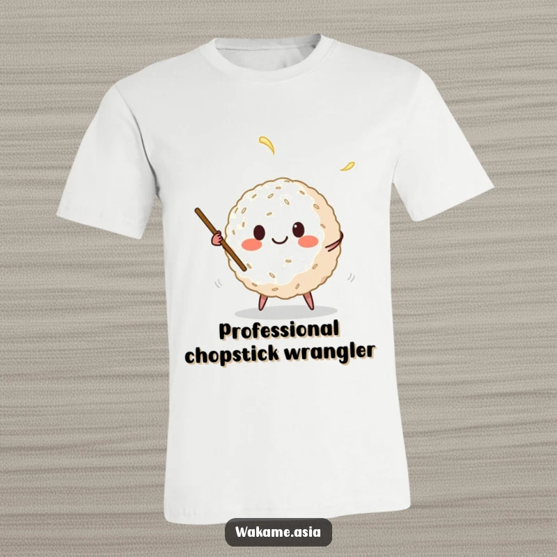 Funny t-shirt showcasing a joyful anthropomorphic rice ball energetically juggling chopsticks, a vibrant and humorous depiction of a food character.