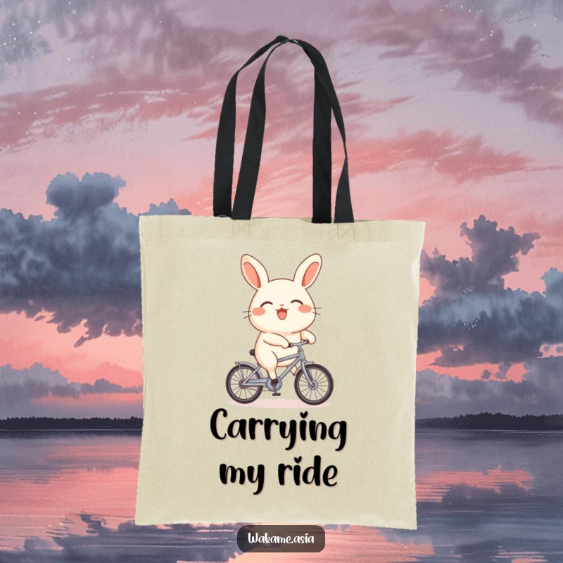 Funny bao bun character joyfully riding a tiny bicycle on a tote bag, perfect for shopping and errands.