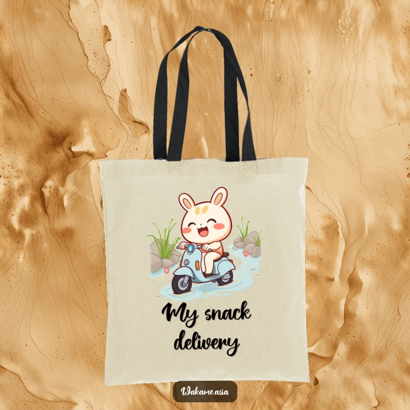 Funny tote bag showcasing a happy bao bun character riding a scooter through a whimsical noodle stream.