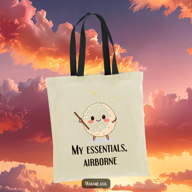 Funny tote bag with a smiling anthropomorphic rice ball juggling chopsticks, a practical and humorous accessory for food lovers.