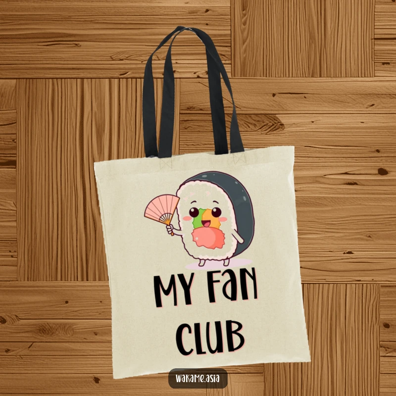 Funny tote bag featuring a cheerful sushi roll character waving a miniature fan in a gentle, playful breeze.